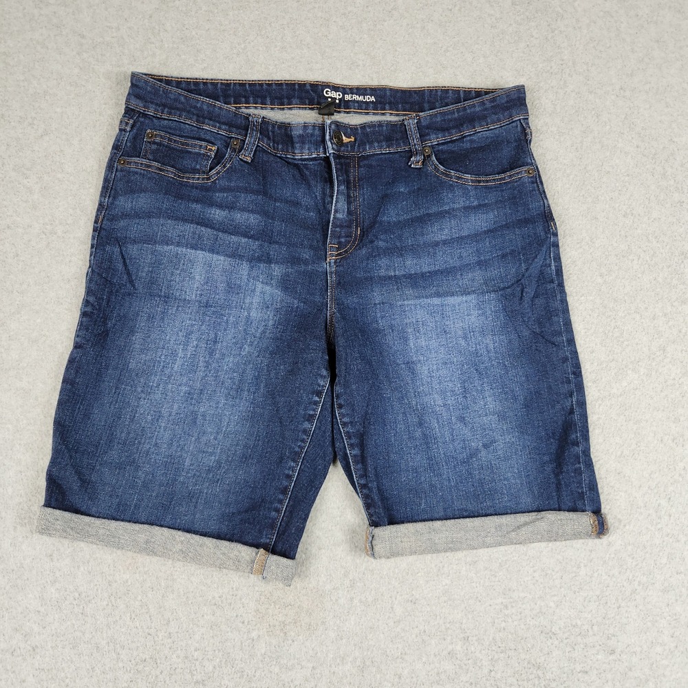 Gap Bermuda Shorts Womens 14/32 Dark Blue Denim Mid Rise Cuffed Stretch 5-Pocket